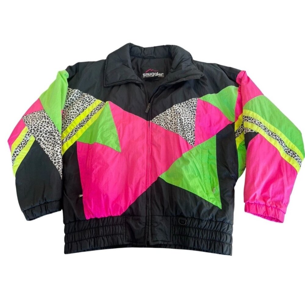 Snuggler Ski Wear Seattle Jacket Neon Womens Medium Vintage Y2K Pink Green Spots